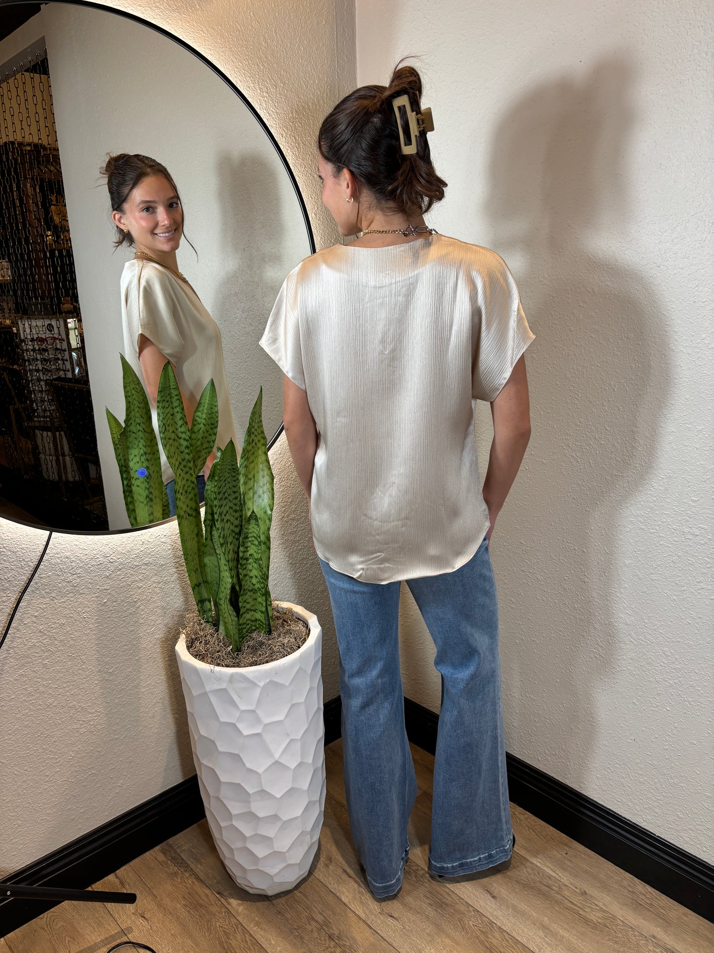 Pleated Cap Sleeve Blouse in Crinkle Satin