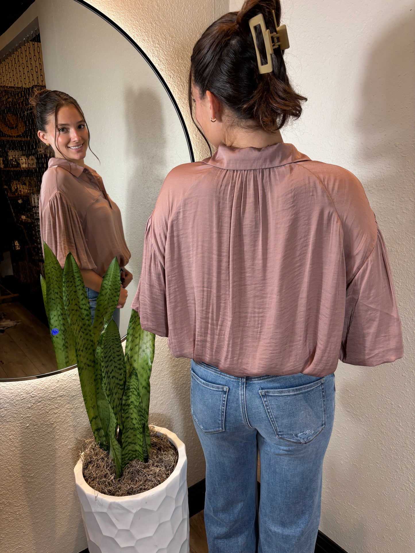 Bubble Hem Blouse with Button Placket