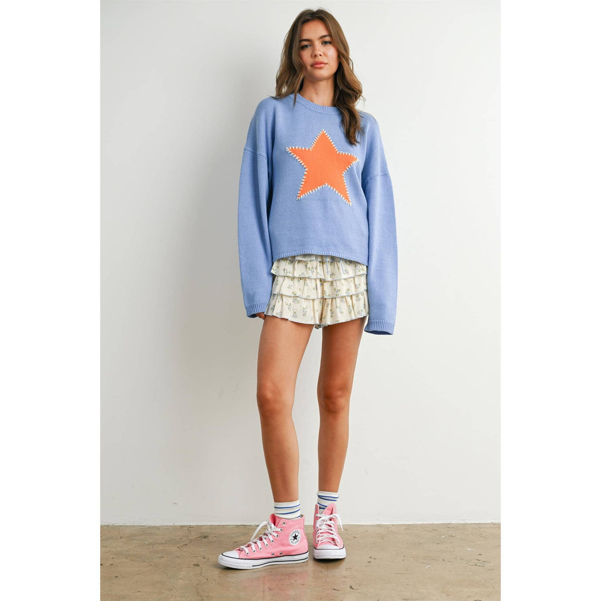 Drop Shoulder Star Pattern Sweater - BMW7756