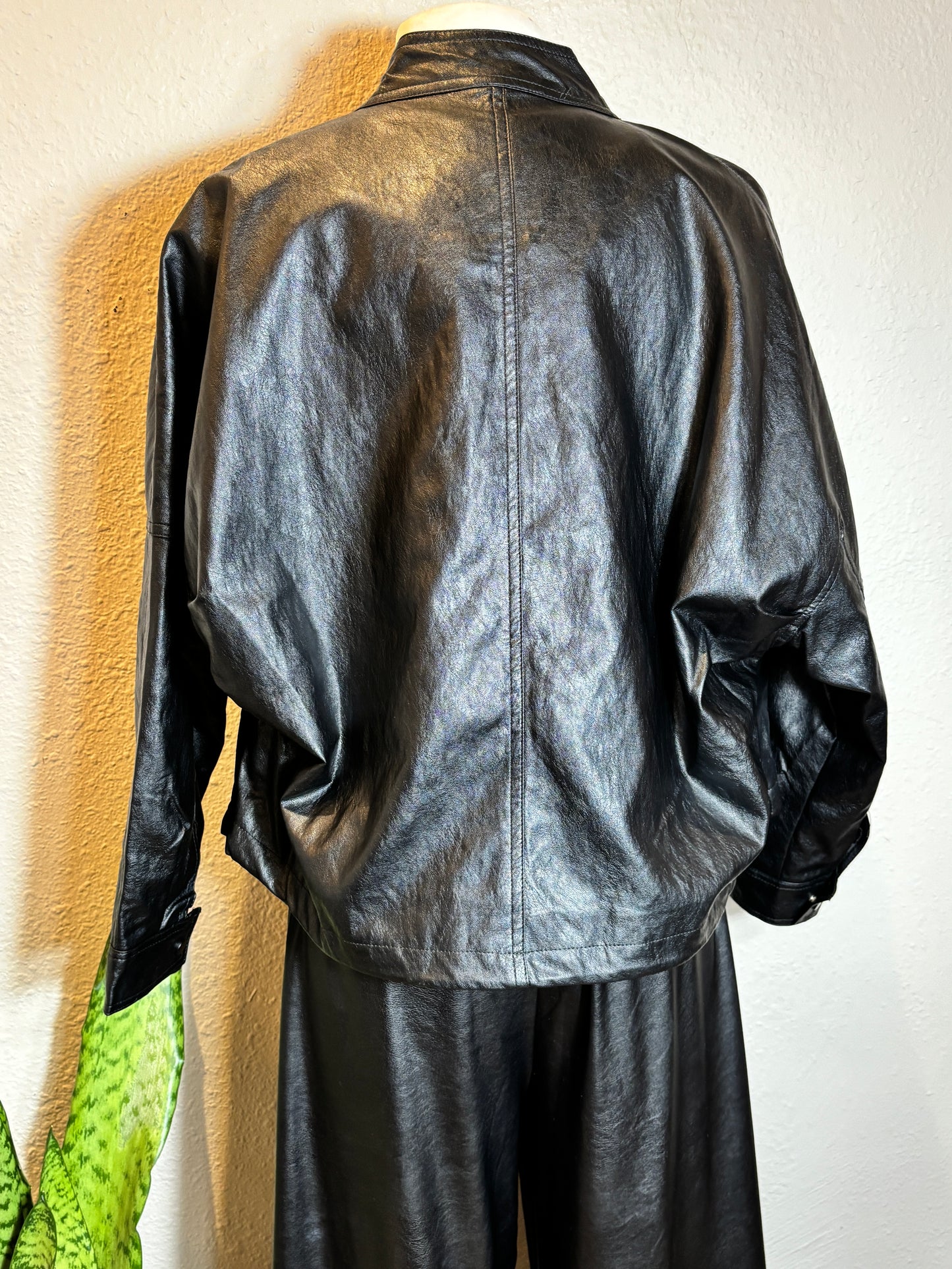 Vegan Leather Stand Collar Oversized Zip-Up Jacket