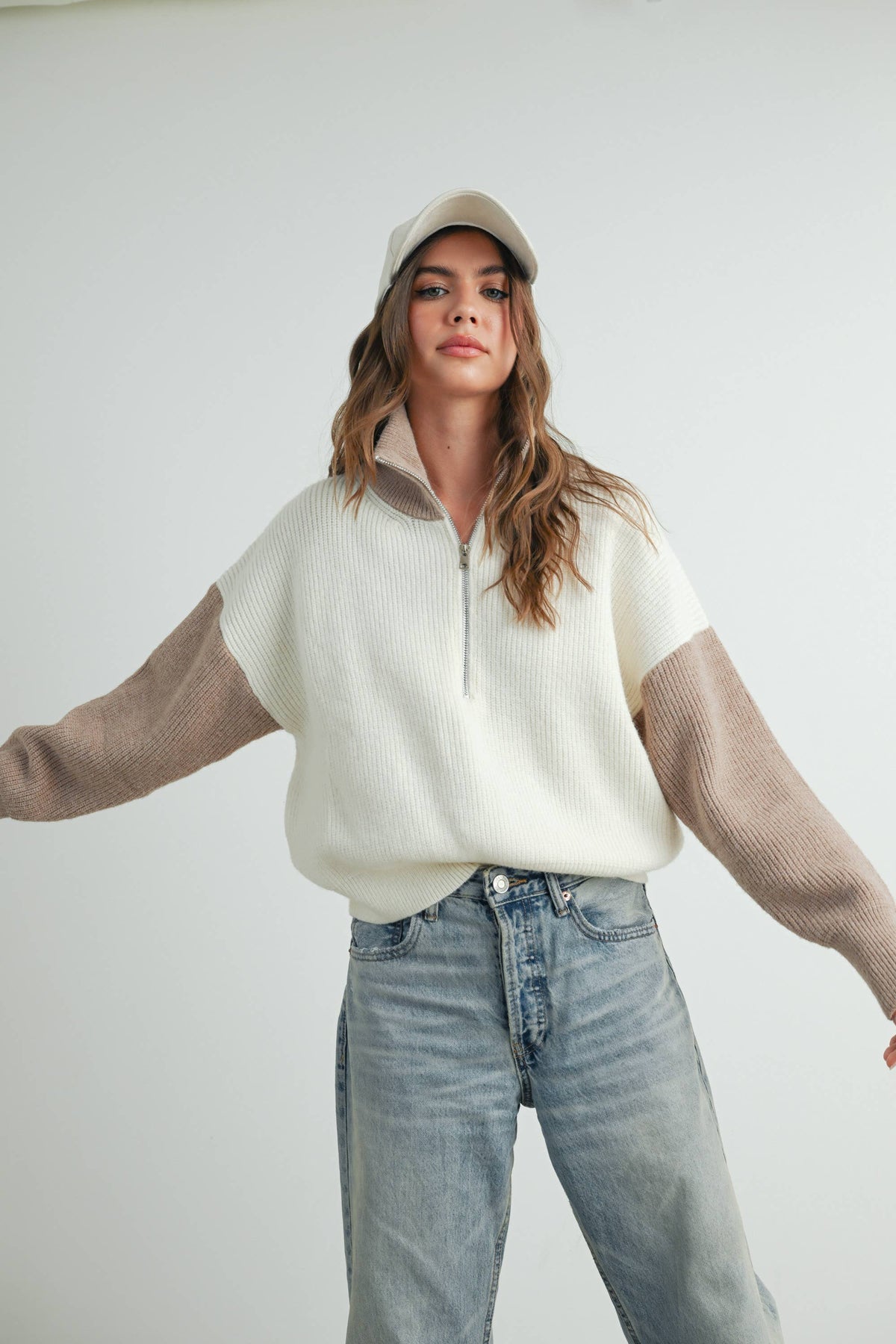 Color Block Collar Half Zipper Pullover Sweater - BMW7589