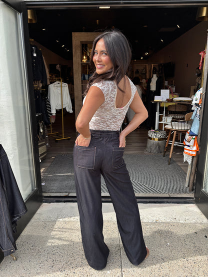Black Denim Wide Leg Pants-LT