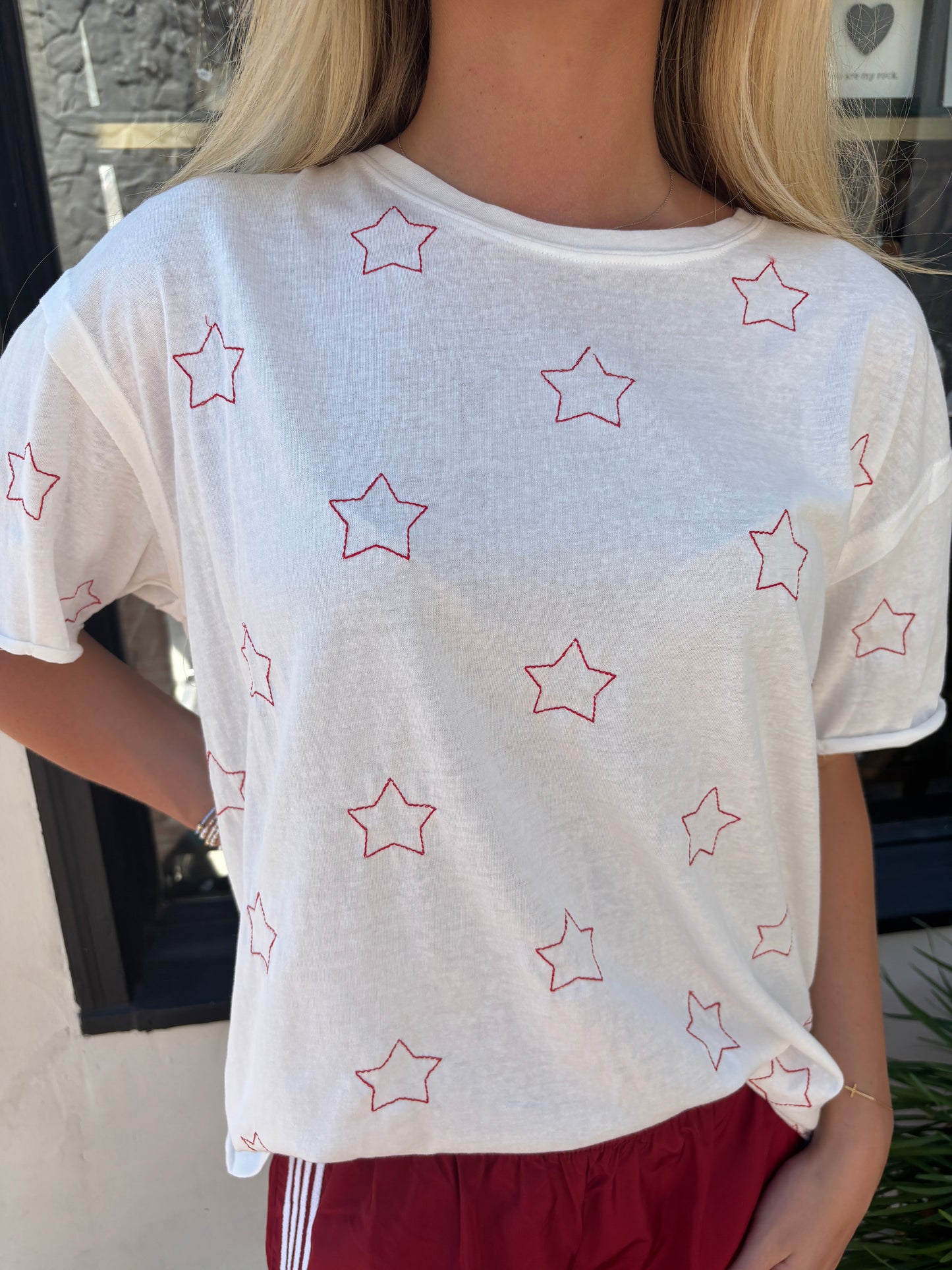 Star Embroidered s/s Knit off white Top-voc