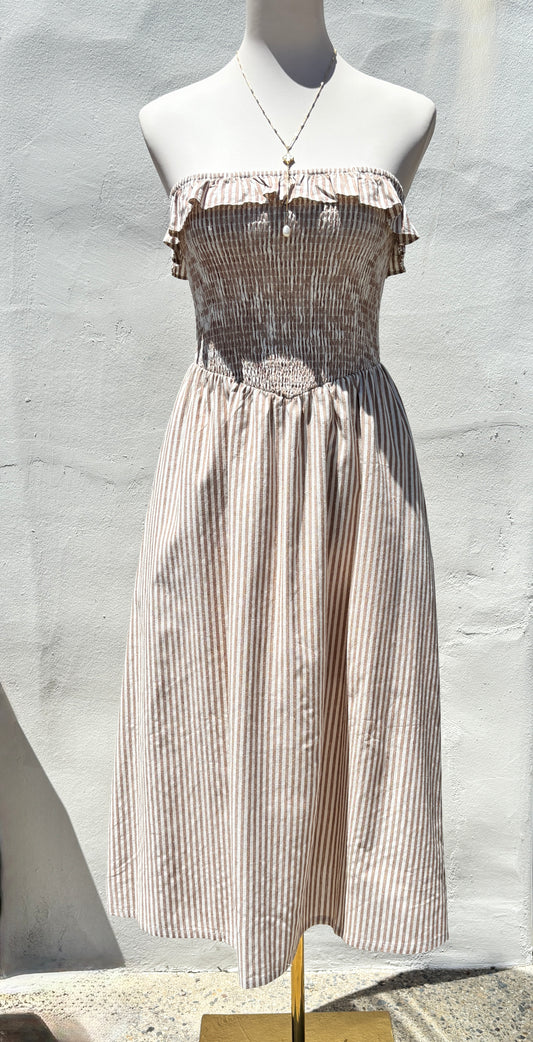 Taupe Striped Strapless Midi Dress