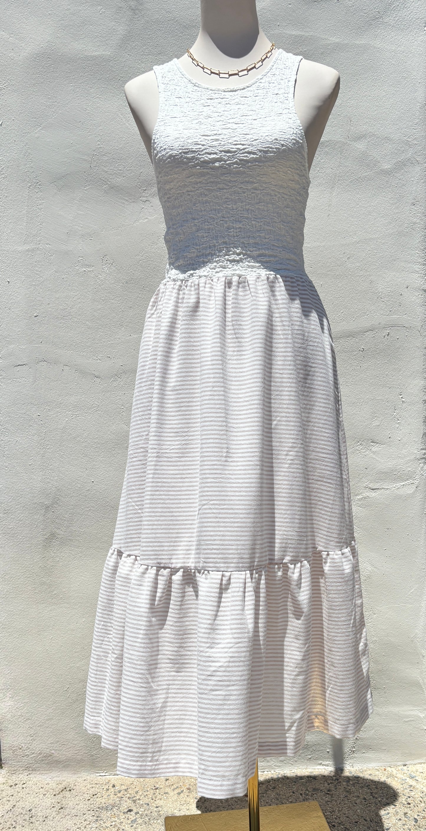 Crinckled Tank taupe Stripe Midi Dress