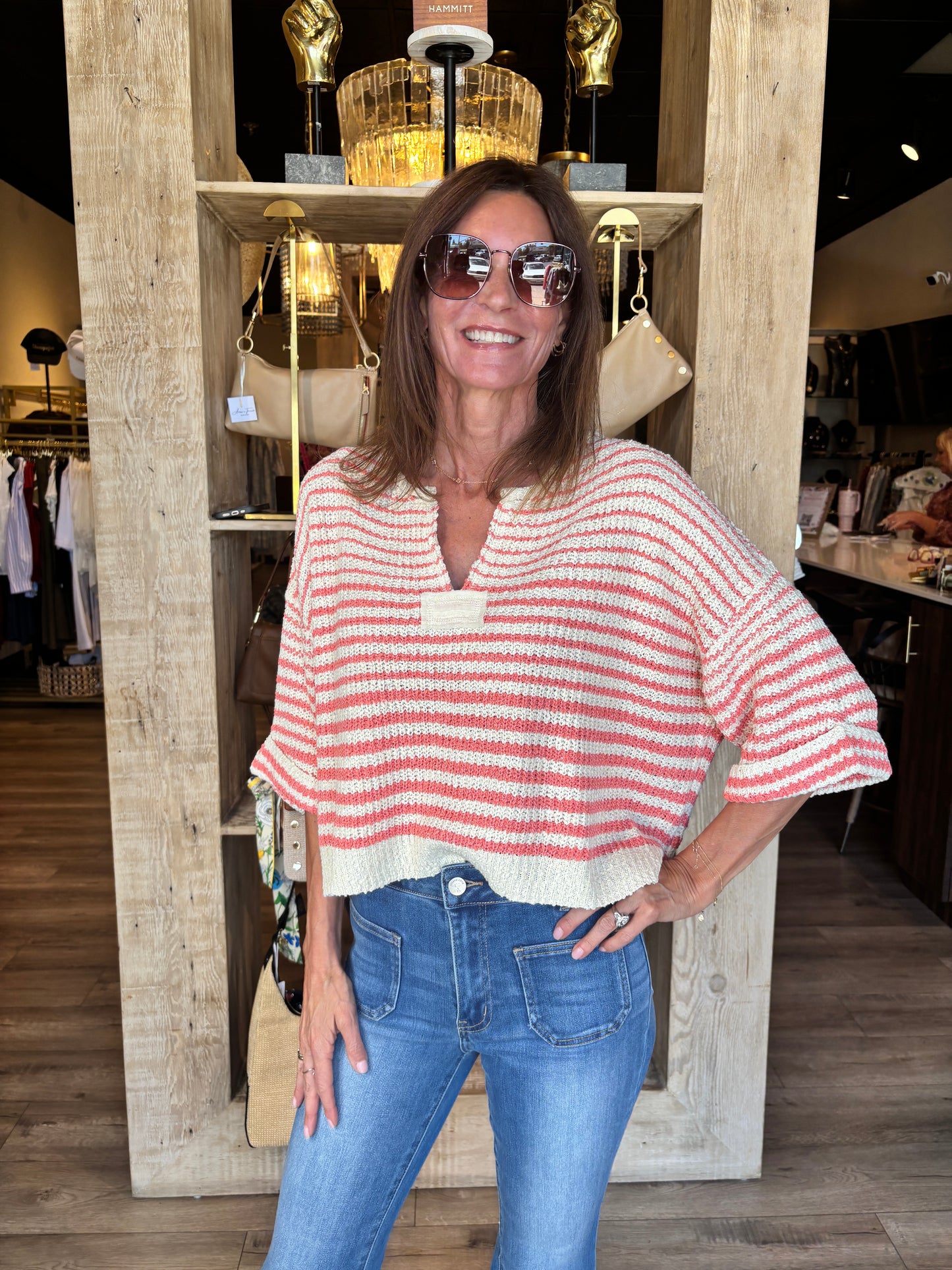 Striped Slouchy Sweater Ecru/Coral