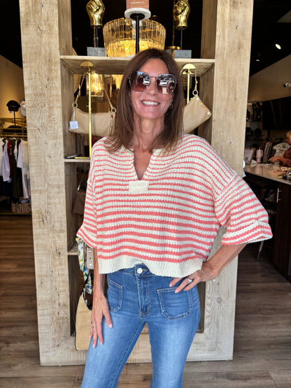 Striped Slouchy Sweater Ecru/Coral