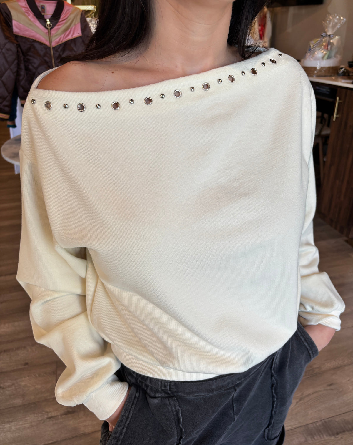 Cream Sweater with Detail Metal on Top