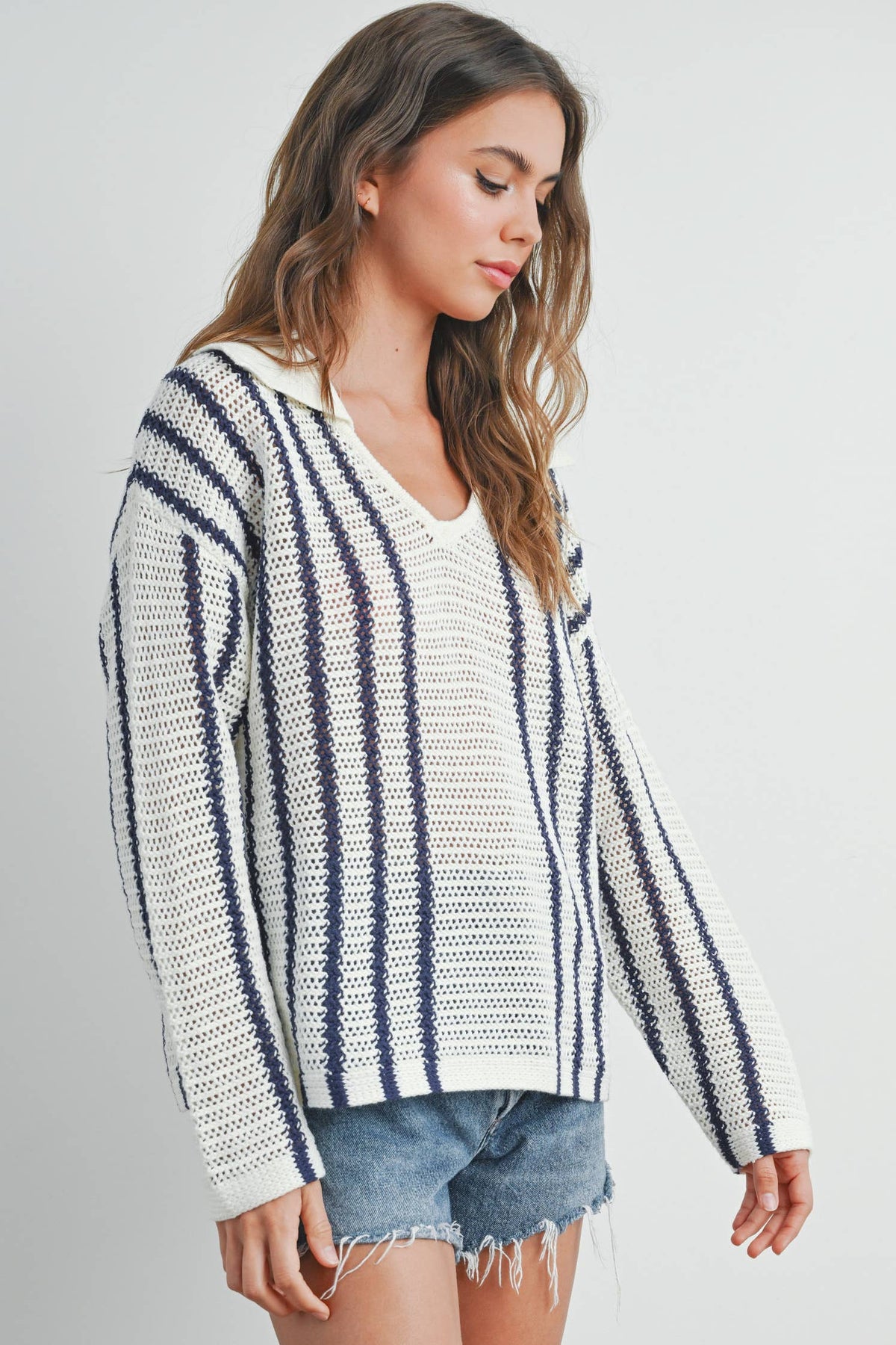 Striped Knit Sweater with Collar - BMW7435