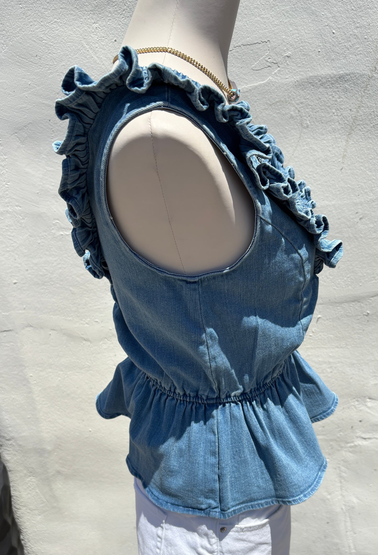 Smocked Detail Ruffle denim Top-SyBo