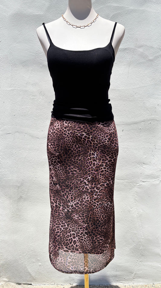 Leopard Mesh Midi Skirt-Mrose