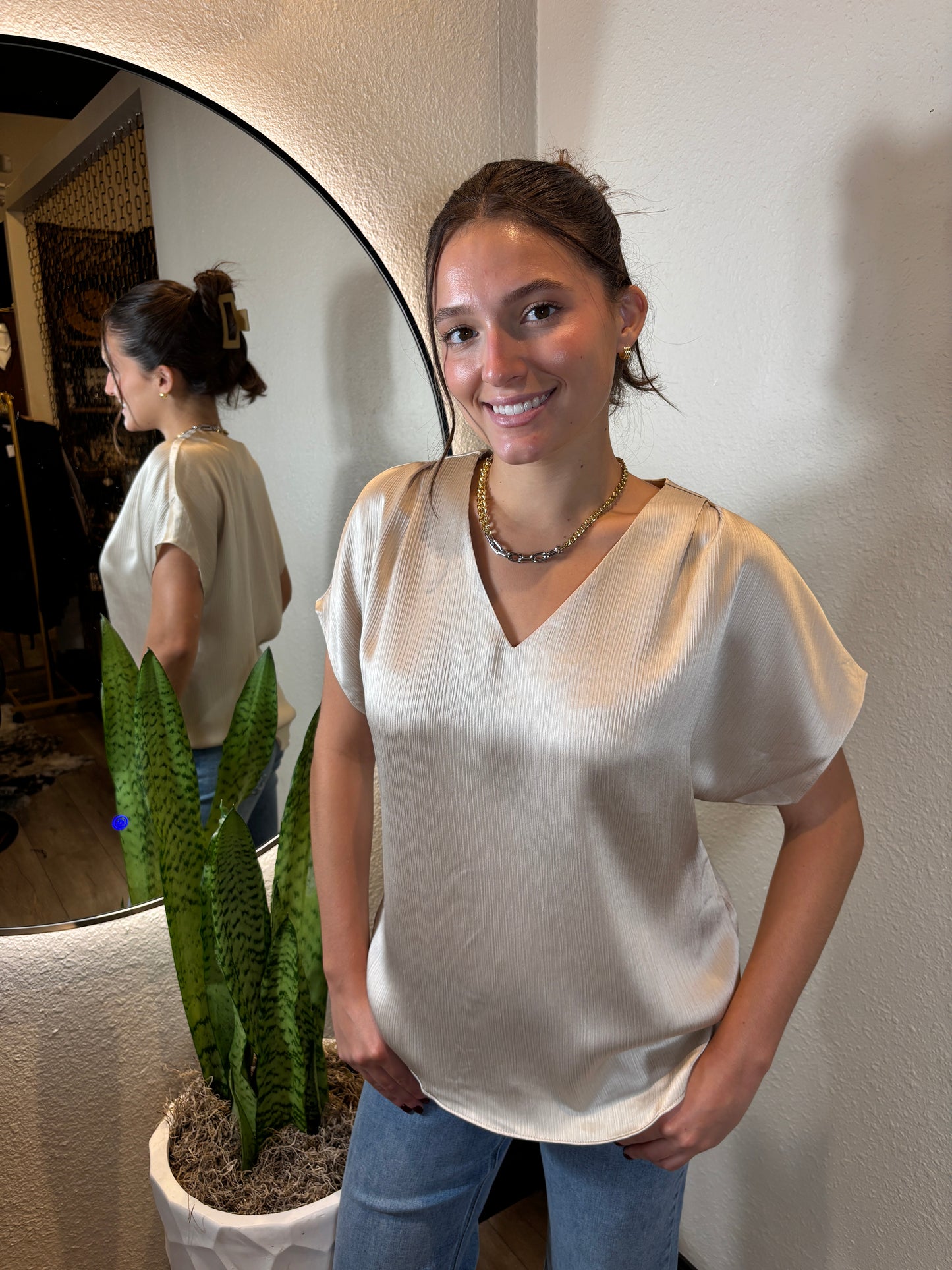 Pleated Cap Sleeve Blouse in Crinkle Satin