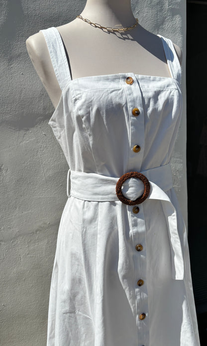 Off White Sleeveless button down Belted Midi Dress-AAk