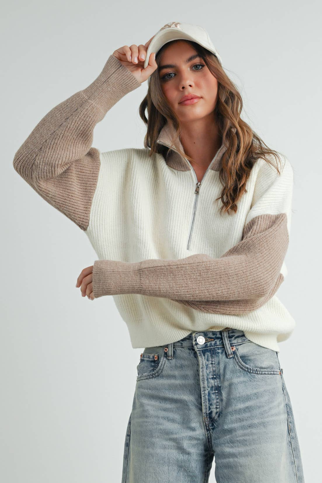 Color Block Collar Half Zipper Pullover Sweater - BMW7589