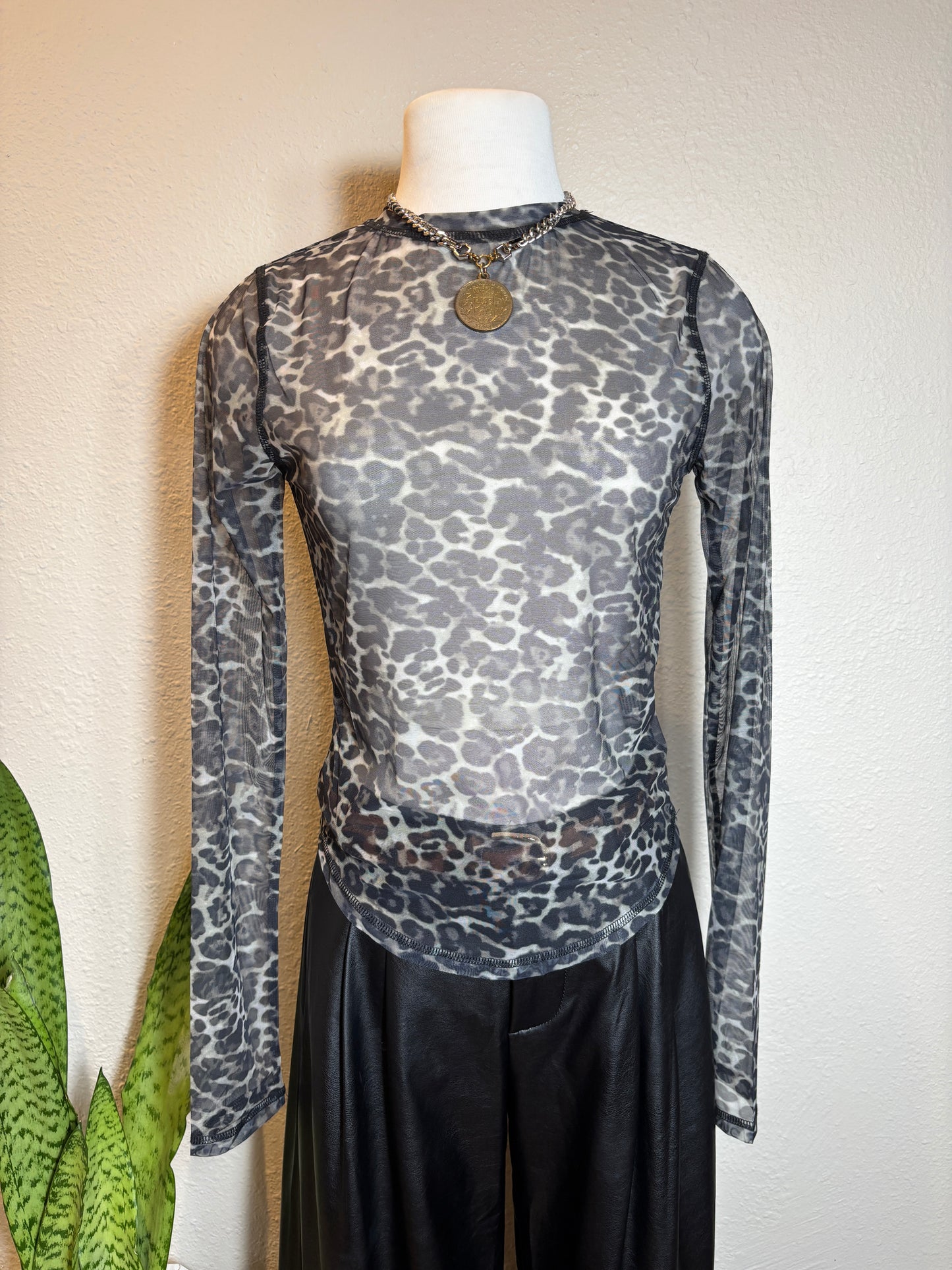 Semi Sheer Leopard Printed Long Sleeve Mesh Top