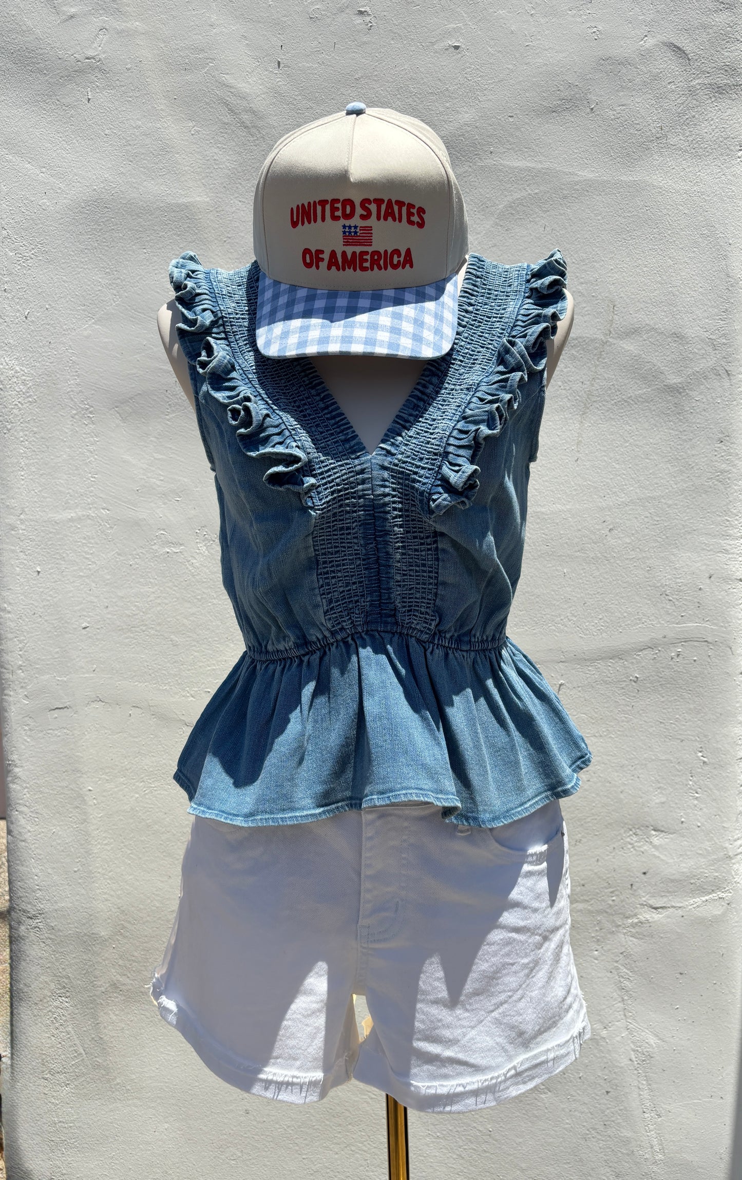 Smocked Detail Ruffle denim Top-SyBo