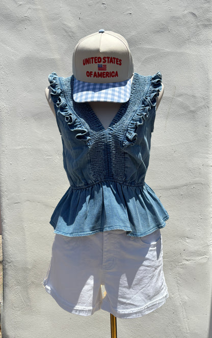 Smocked Detail Ruffle denim Top-SyBo