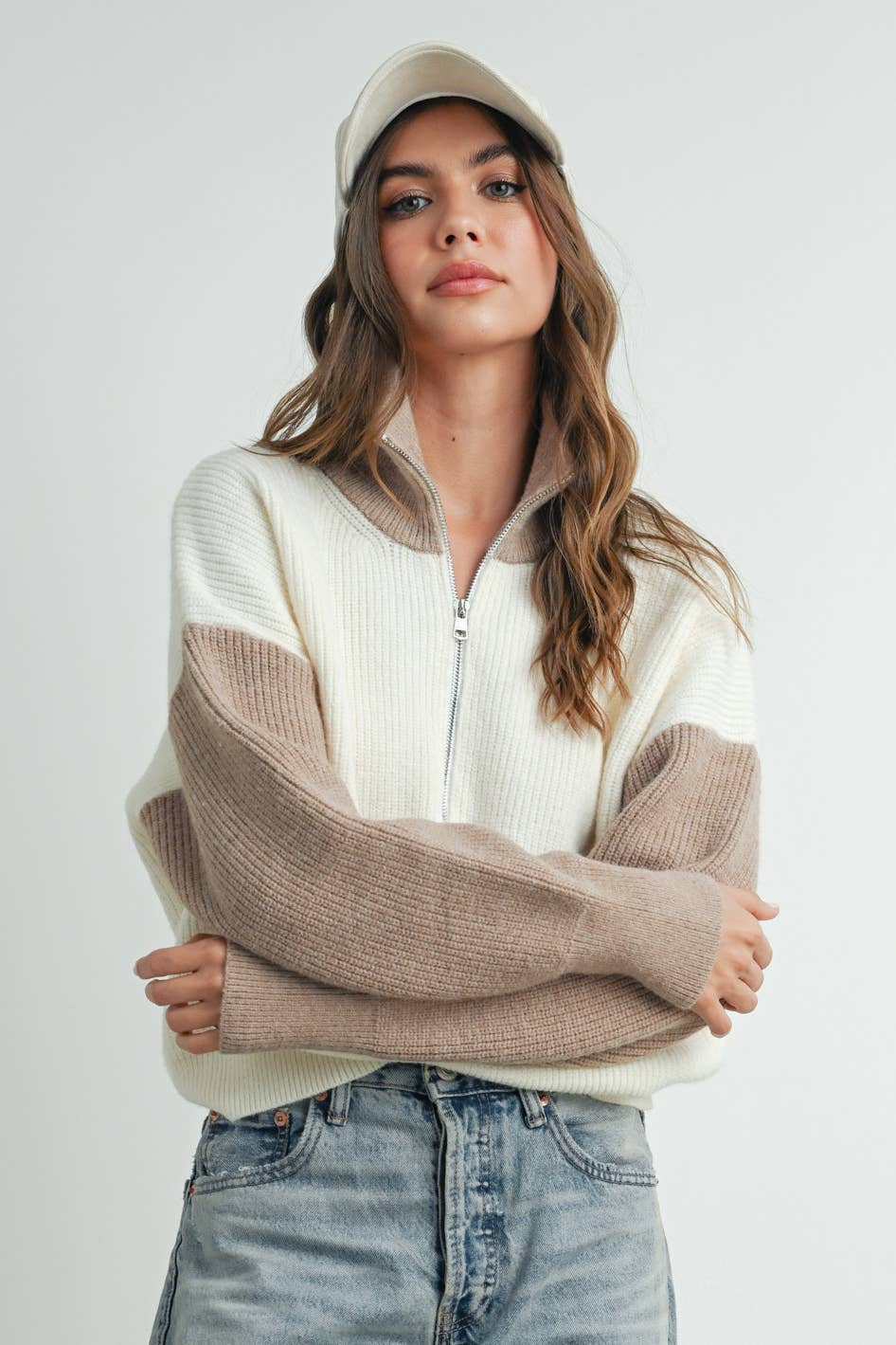 Color Block Collar Half Zipper Pullover Sweater - BMW7589