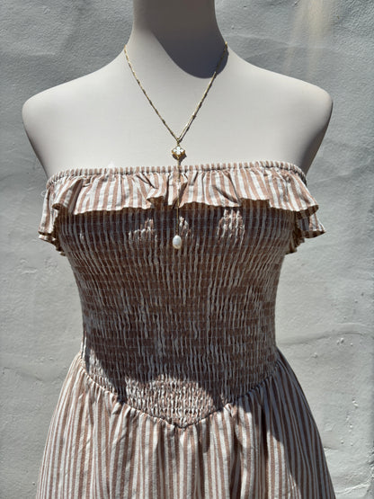 Taupe Striped Strapless Midi Dress