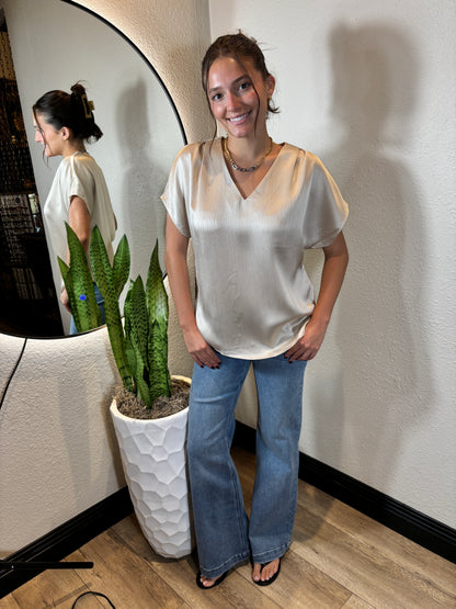 Pleated Cap Sleeve Blouse in Crinkle Satin