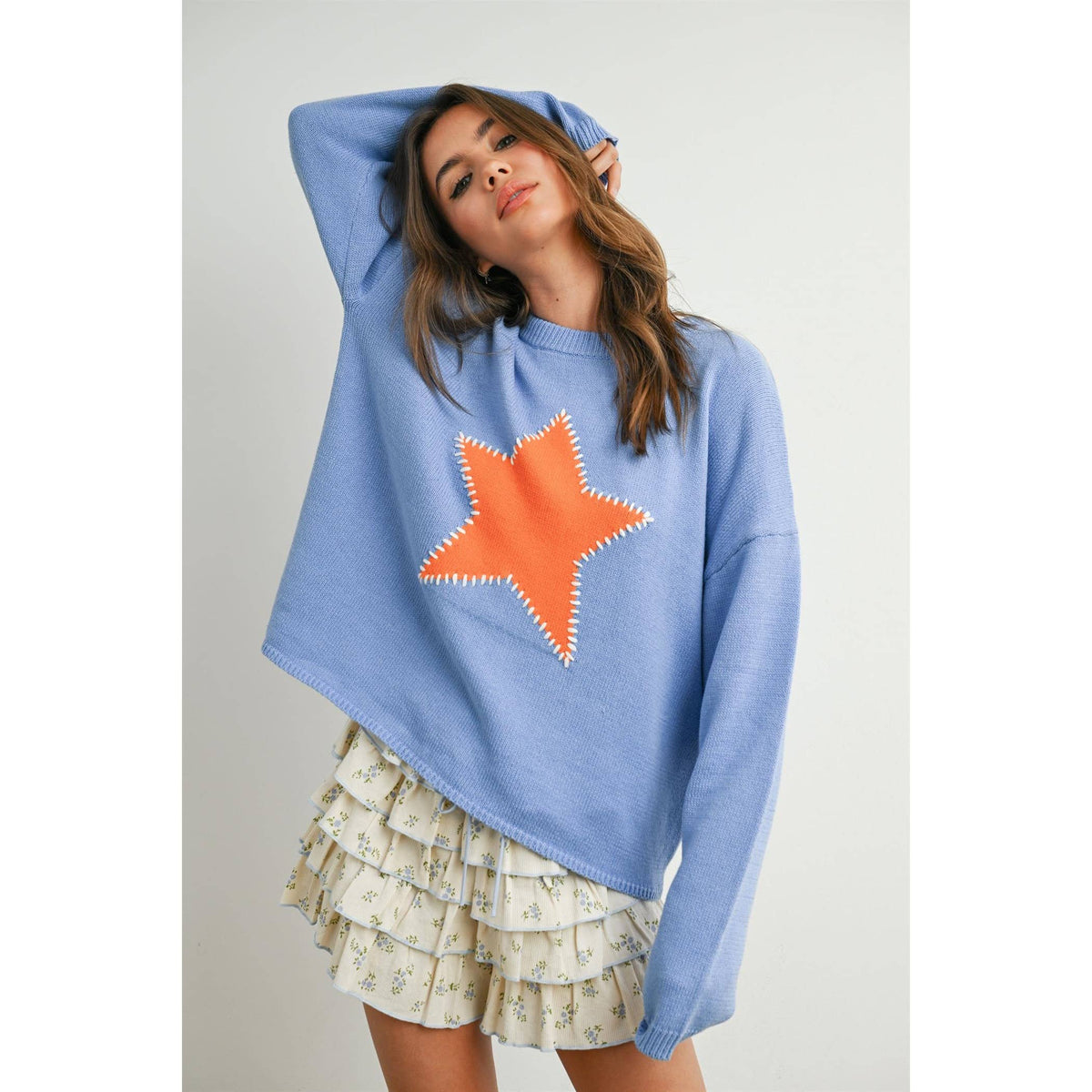 Drop Shoulder Star Pattern Sweater - BMW7756