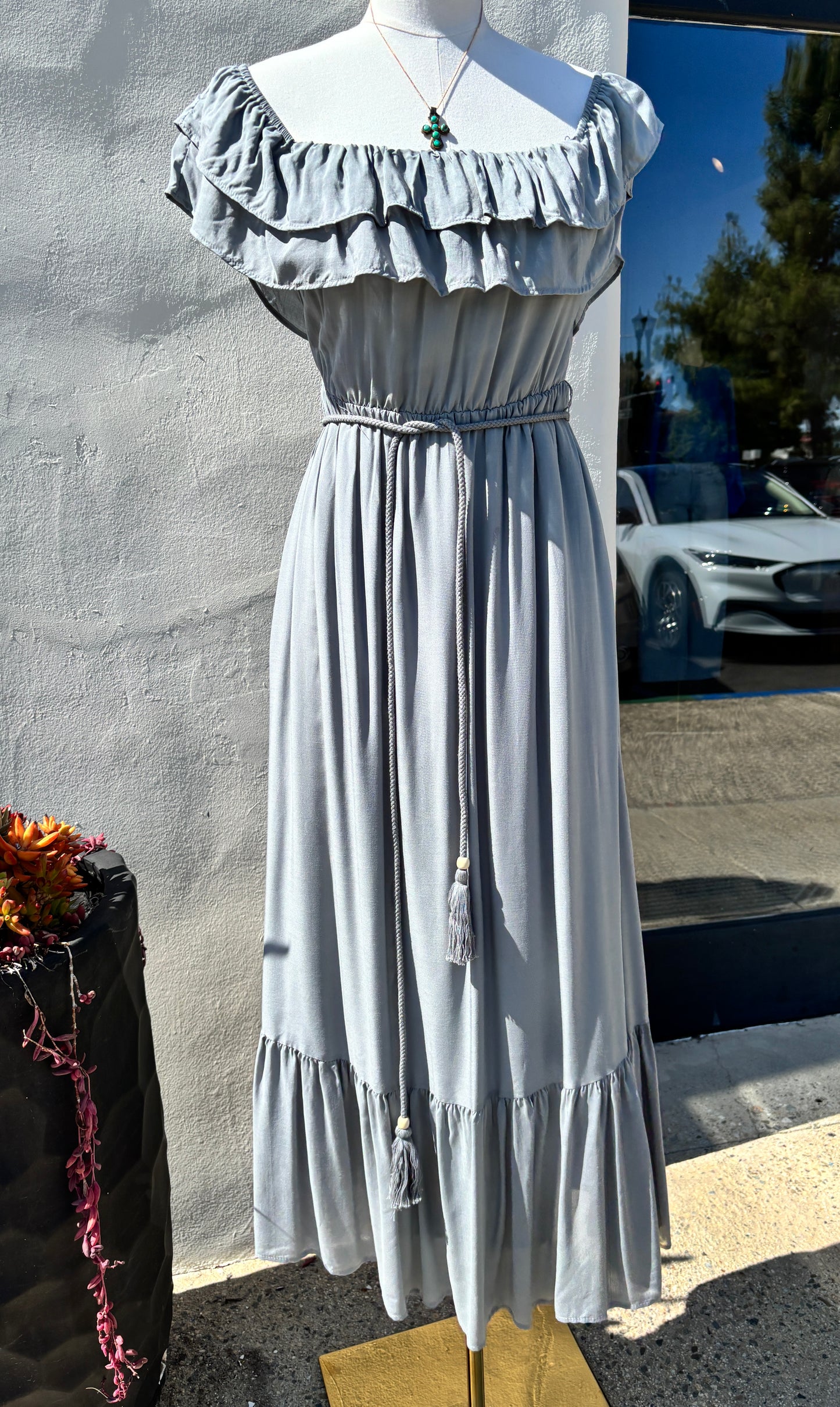 Off Shoulder Ruff Midi Sage