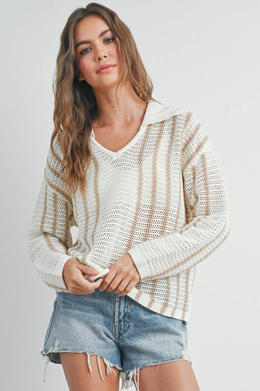 Striped Knit Sweater with Collar - BMW7435