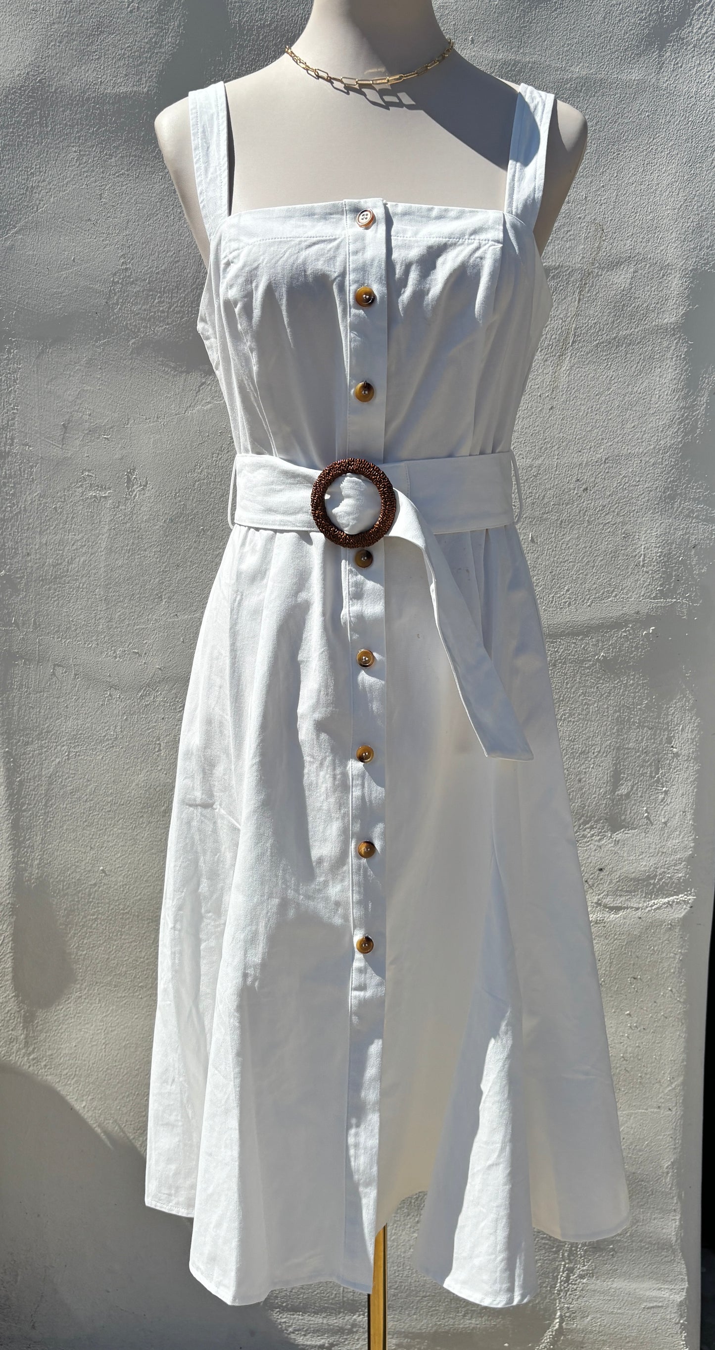Off White Sleeveless button down Belted Midi Dress-AAk