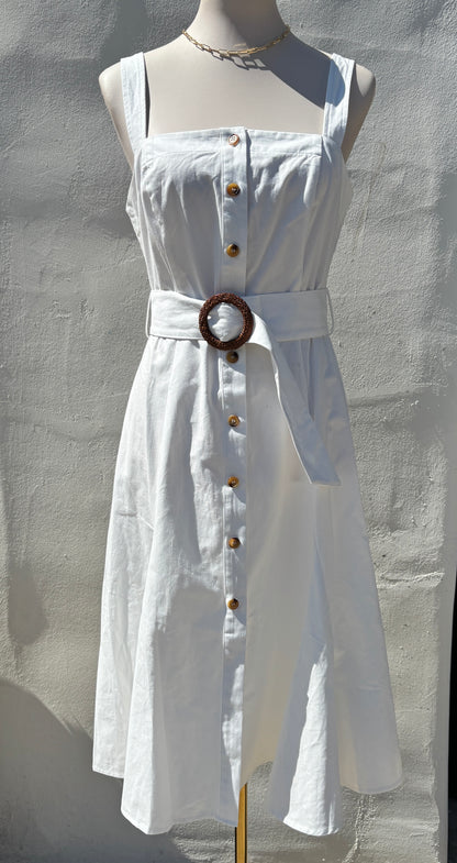 Off White Sleeveless button down Belted Midi Dress-AAk