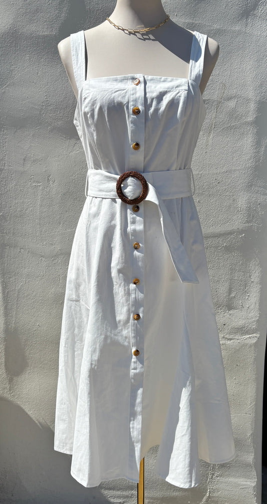 Off White Sleeveless button down Belted Midi Dress-AAk