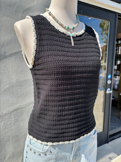 Contrast Trim Crochet Black Sweater Top