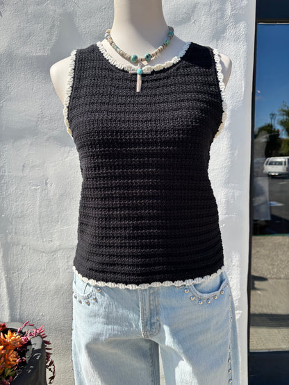 Contrast Trim Crochet Black Sweater Top