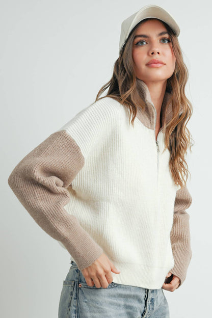 Color Block Collar Half Zipper Pullover Sweater - BMW7589