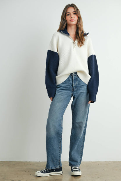 Color Block Collar Half Zipper Pullover Sweater - BMW7589