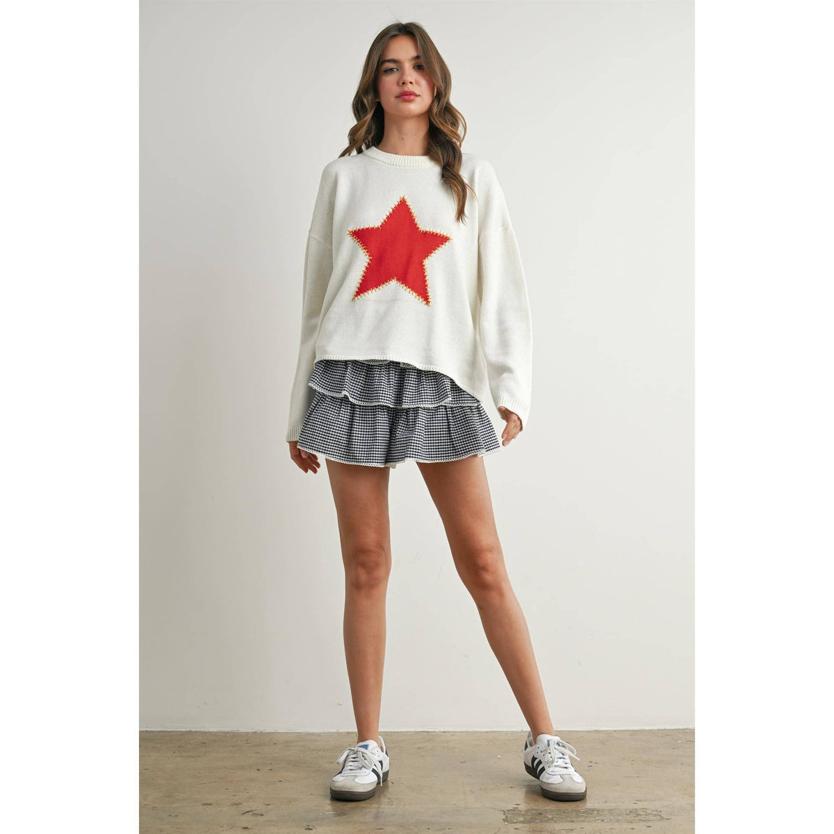 Drop Shoulder Star Pattern Sweater - BMW7756