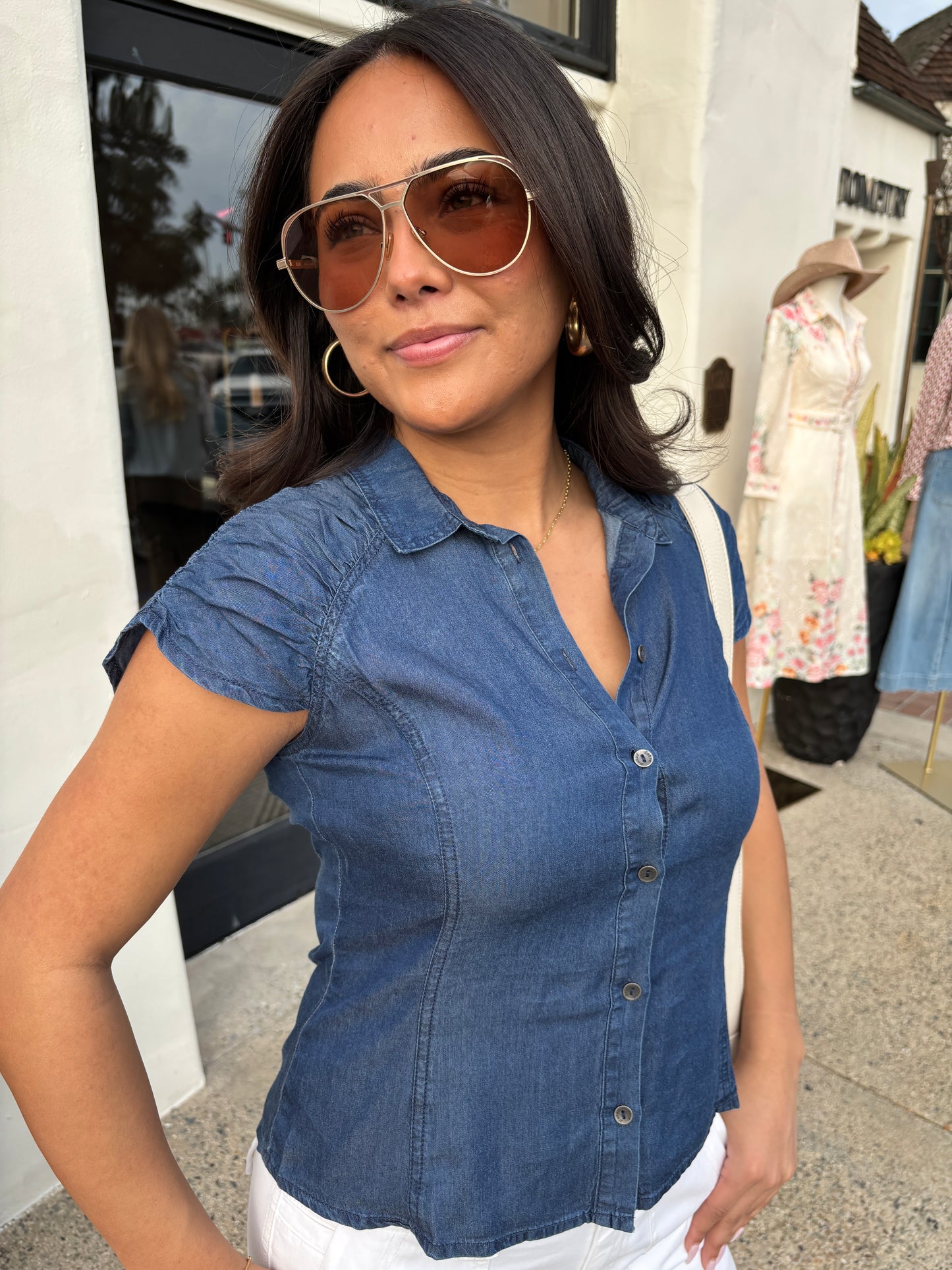 Button Down Shirt w/Shirred Cap Slv