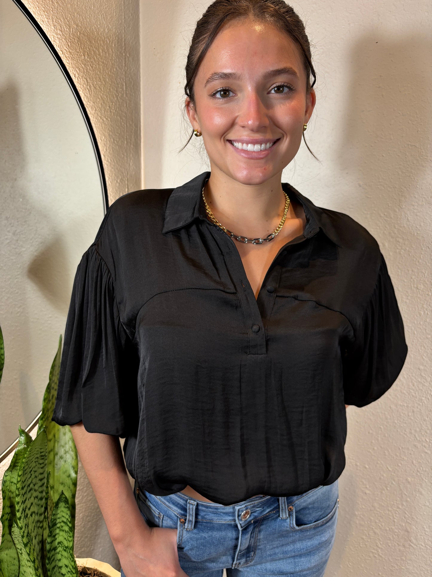 Bubble Hem Blouse with Button Placket