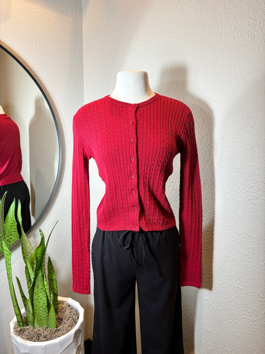 Red Knit Cropped Cotton Cardigan