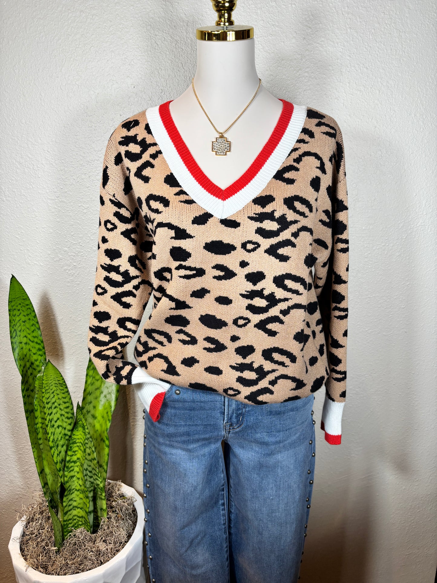 Leopard Pattern Rib Knitted Sweater