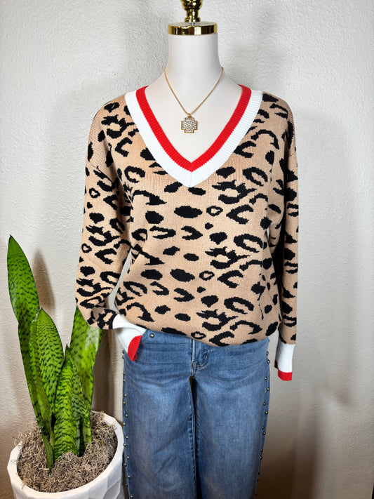 Leopard Pattern Rib Knitted Sweater
