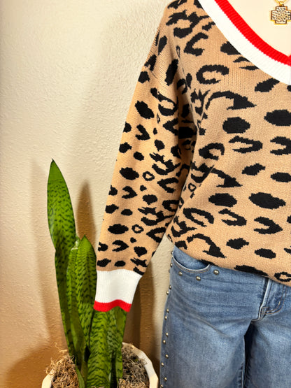Leopard Pattern Rib Knitted Sweater