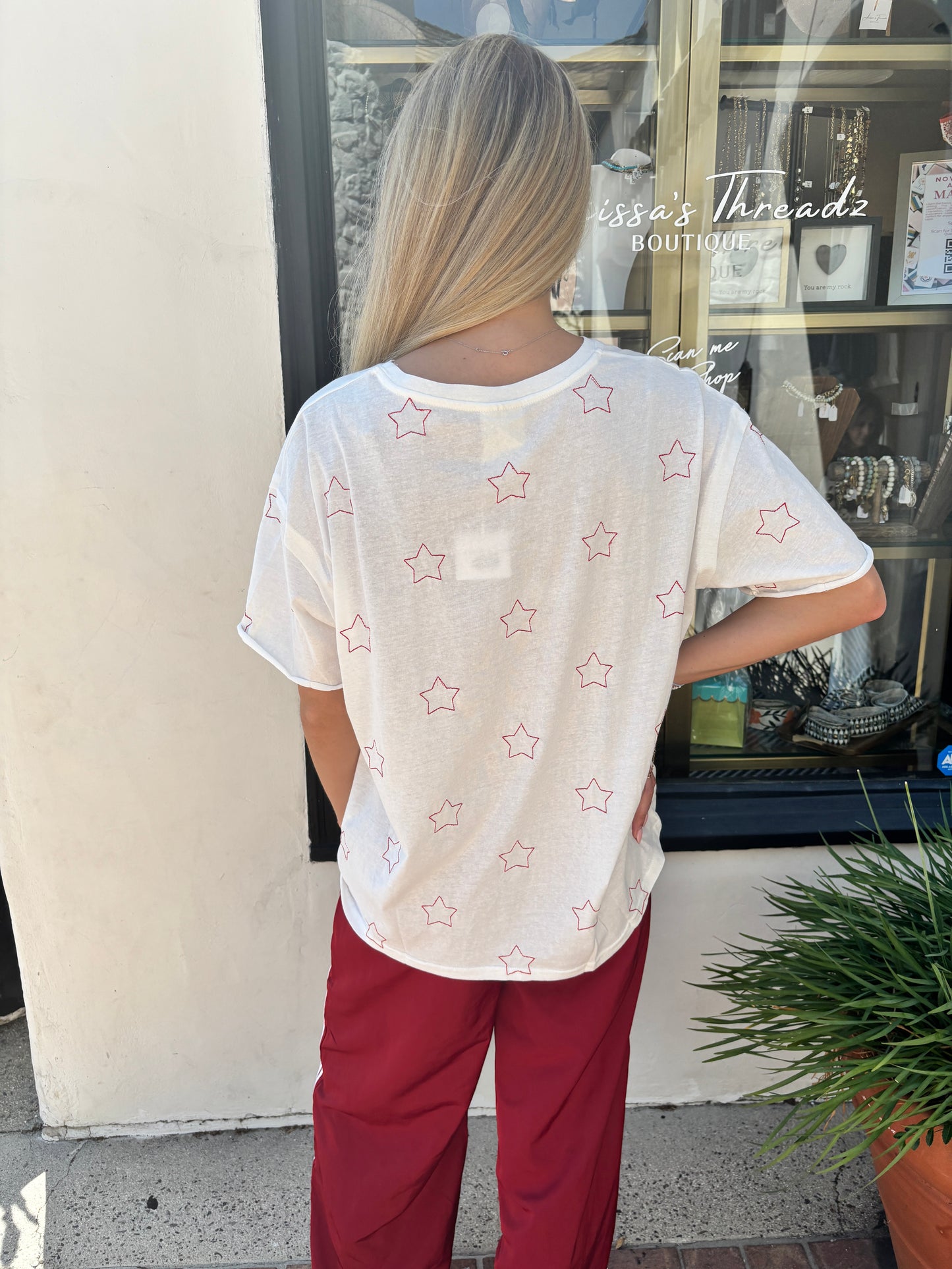 Star Embroidered s/s Knit off white Top-voc