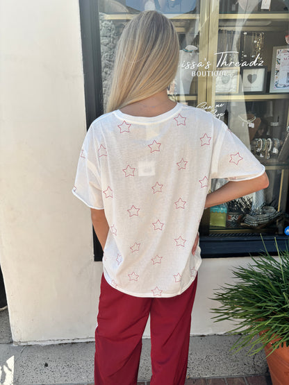 Star Embroidered s/s Knit off white Top-voc