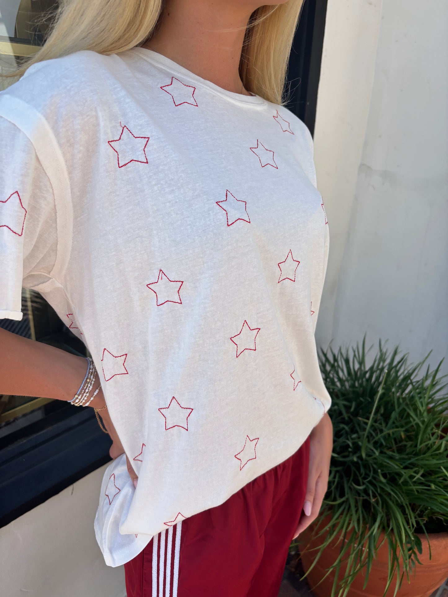 Star Embroidered s/s Knit off white Top-voc
