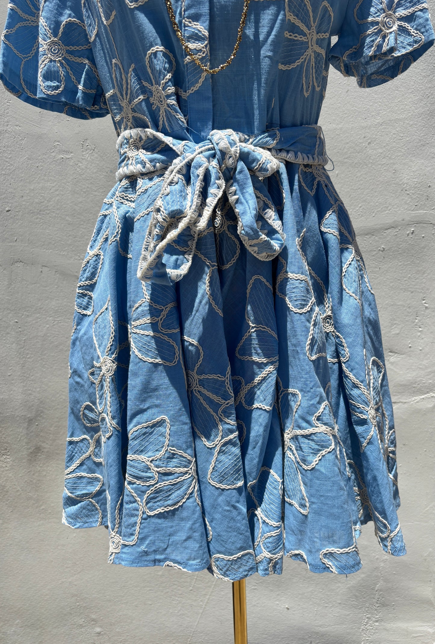 Embroidered Blue Mix Flare Mini Dress-Gi