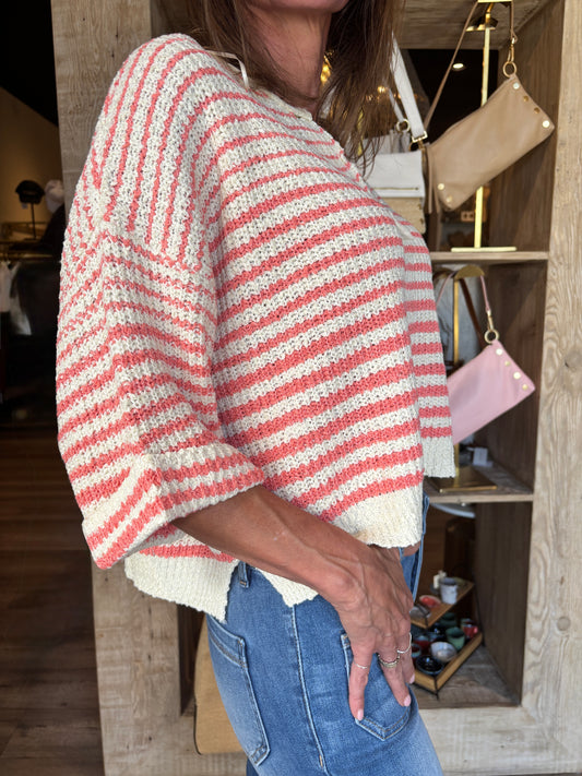Striped Slouchy Sweater Ecru/Coral
