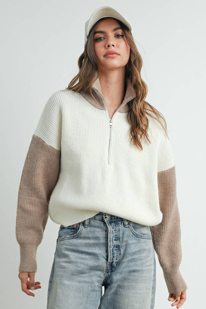 Color Block Collar Half Zipper Pullover Sweater - BMW7589