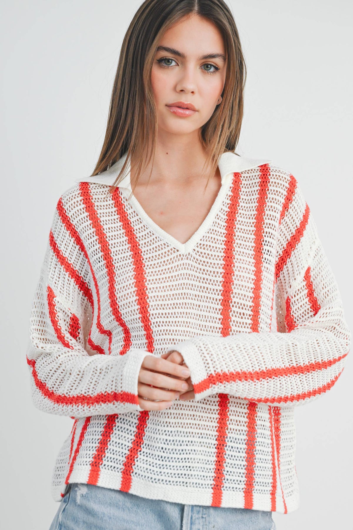 Striped Knit Sweater with Collar - BMW7435