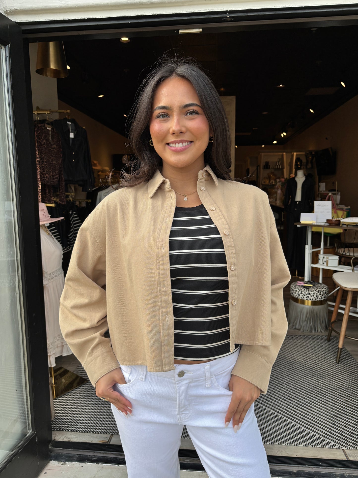 L/S Tan Button down Crop Shirt-MM