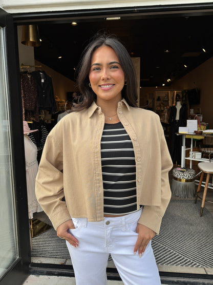 L/S Tan Button down Crop Shirt-MM